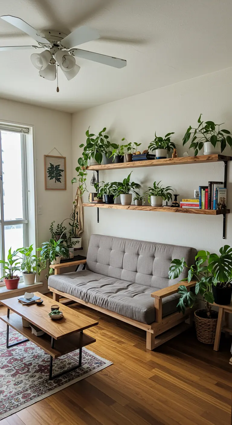 Japandi-style living room with a futon sofa, tiered coffee table, and plants on shelves.
