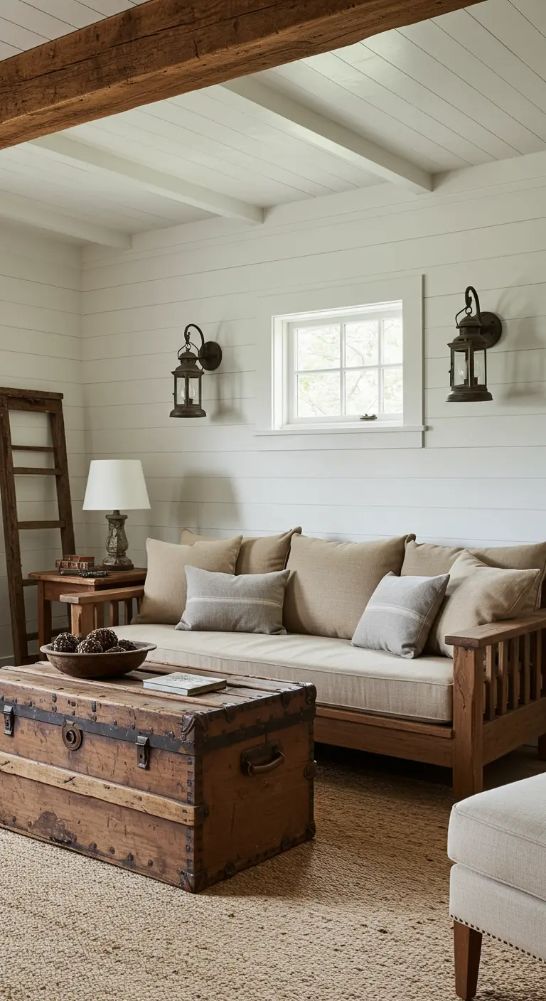 Rustic living room with a wooden daybed, vintage trunk coffee table, and lantern-style sconces.