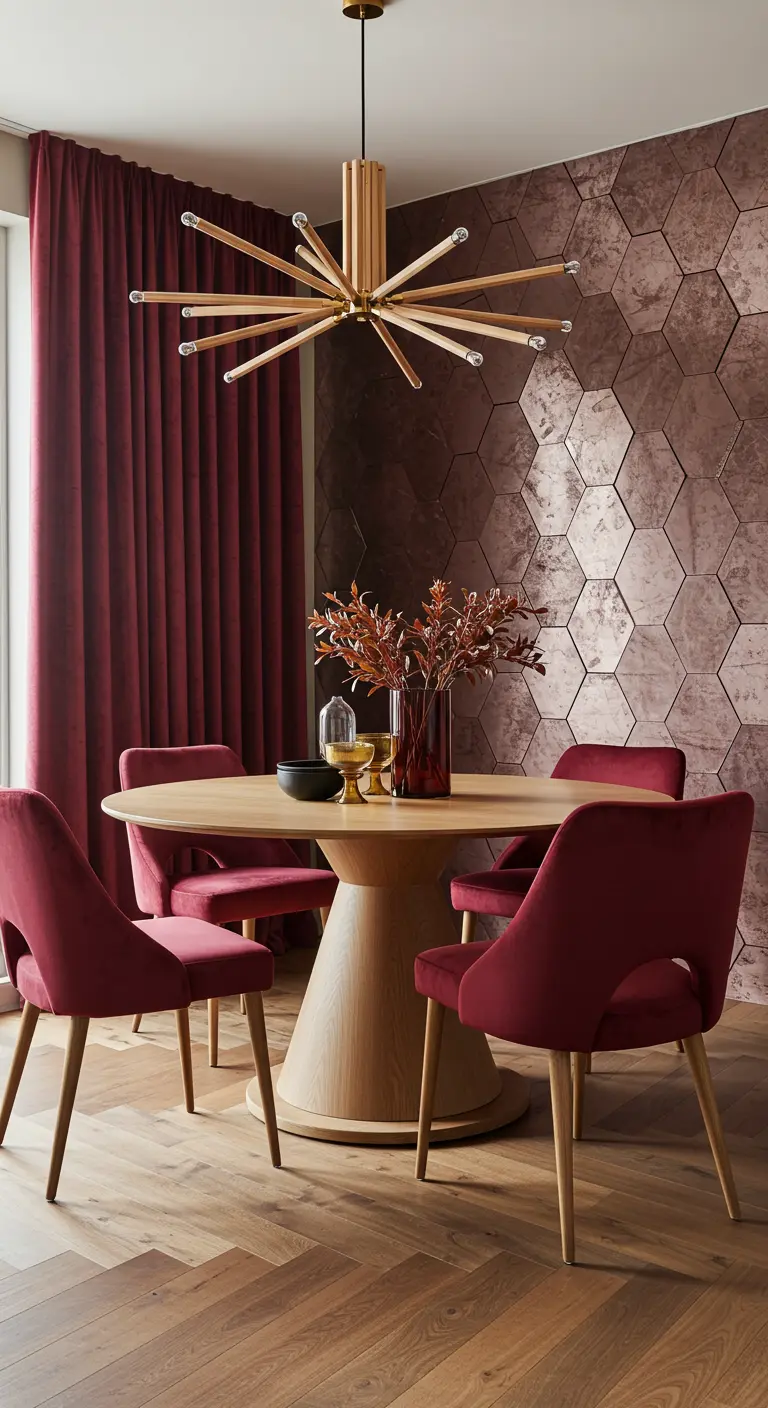 Dining room with wine-red chairs and a wall of hexagonal antiqued mirror tiles.