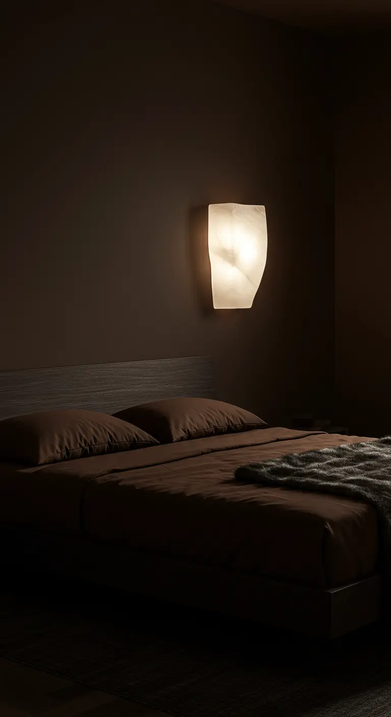 Moody brown bedroom with a single glowing alabaster wall sconce as a focal point.