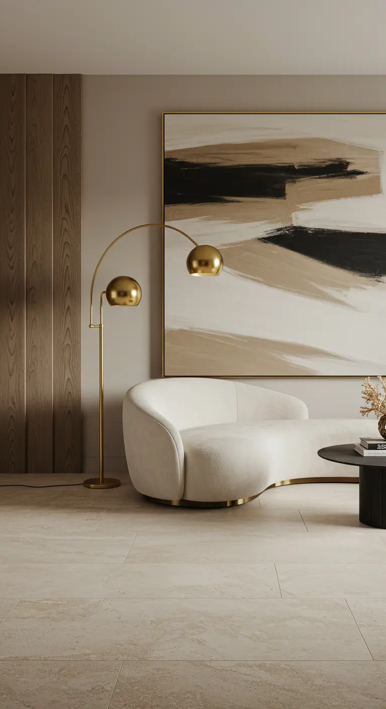 A curved white sofa paired with a sculptural arched brass floor lamp and abstract art.
