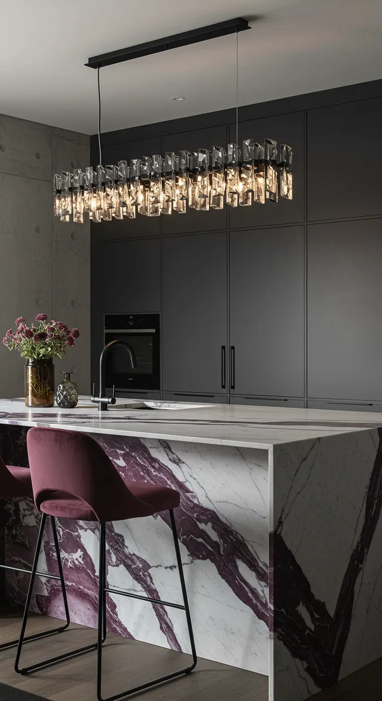 Modern grey kitchen featuring a marble island with dramatic purple veining and matching plum stools.