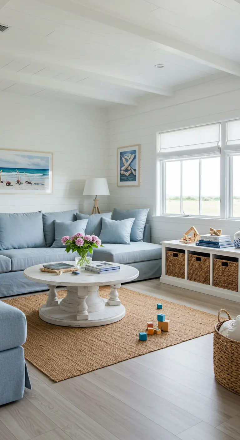 Family-friendly living room with a light blue sofa and a white console with woven storage baskets.
