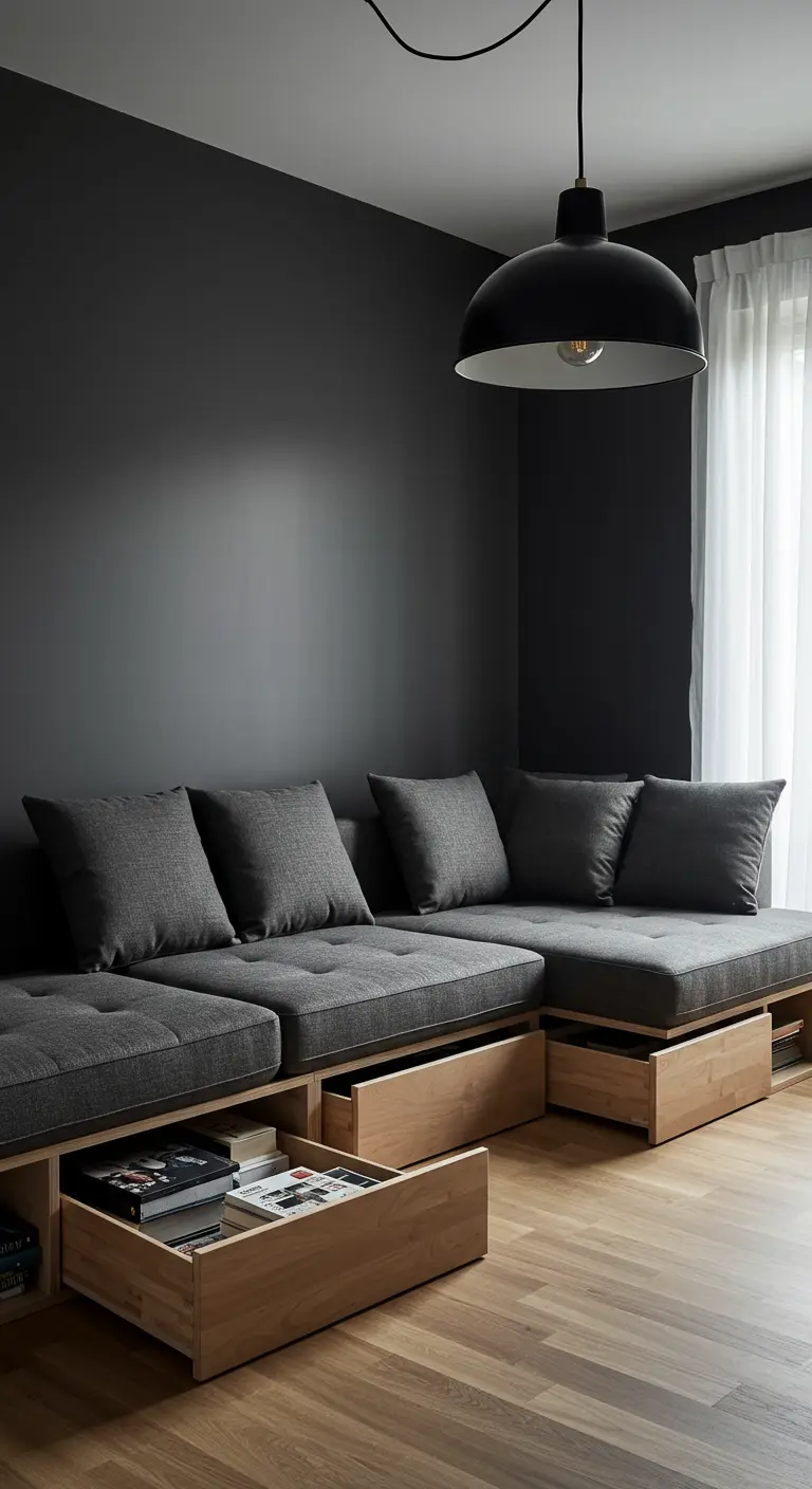 A charcoal gray sectional sofa with large, wooden pull-out drawers for storage underneath.