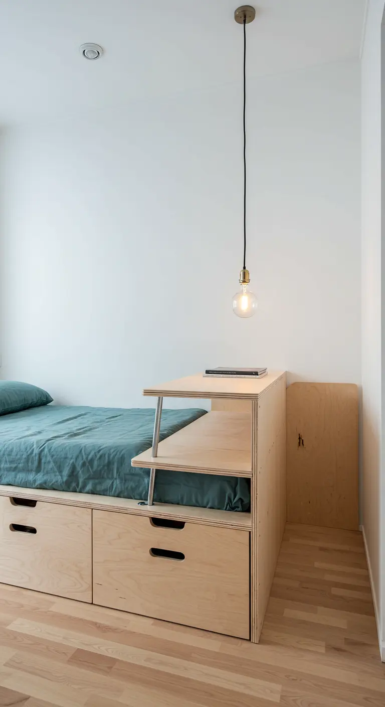 Compact bedroom with a plywood storage bed featuring an integrated multi-level nightstand.
