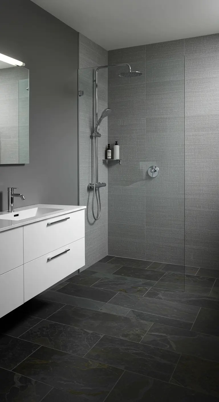 Minimalist grey bathroom with subtly textured wall tiles and dark floor tiles.