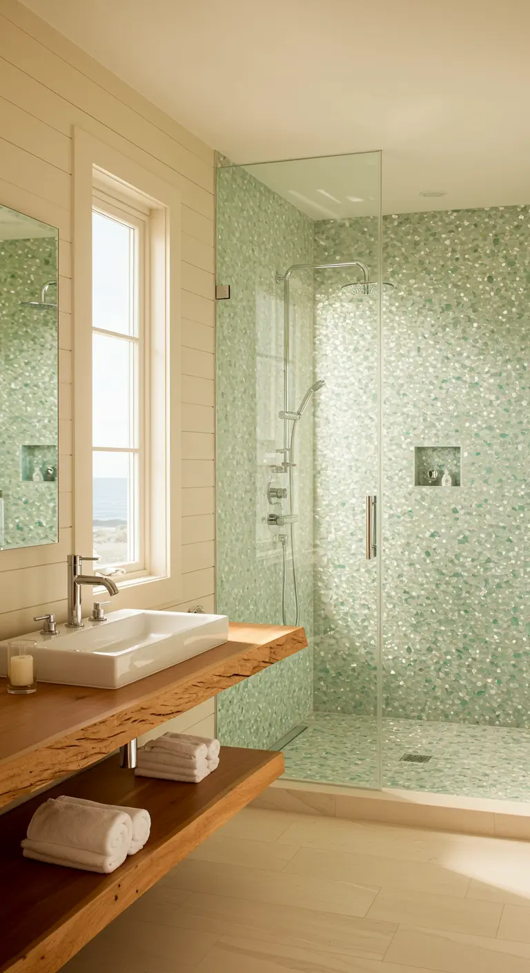 Coastal bathroom with creamy off-white shiplap and a live-edge floating wood vanity.