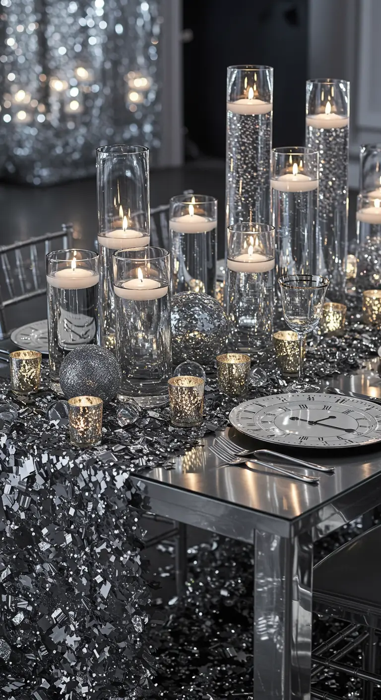 Sleek silver NYE table with a tinsel runner and floating candles in tall glass cylinders.