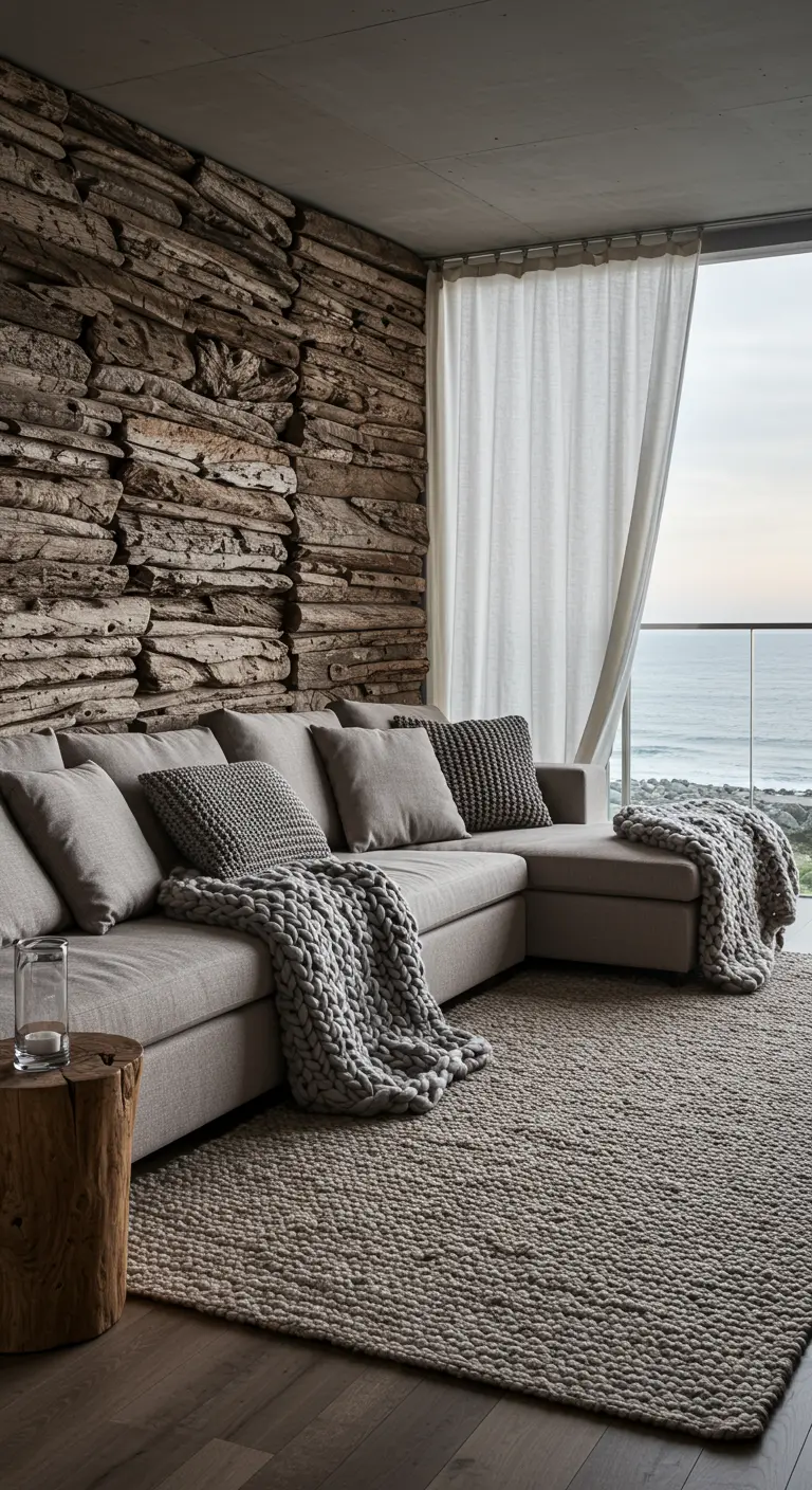 A cozy sectional sofa with a chunky knit blanket, set against a stacked driftwood wall.