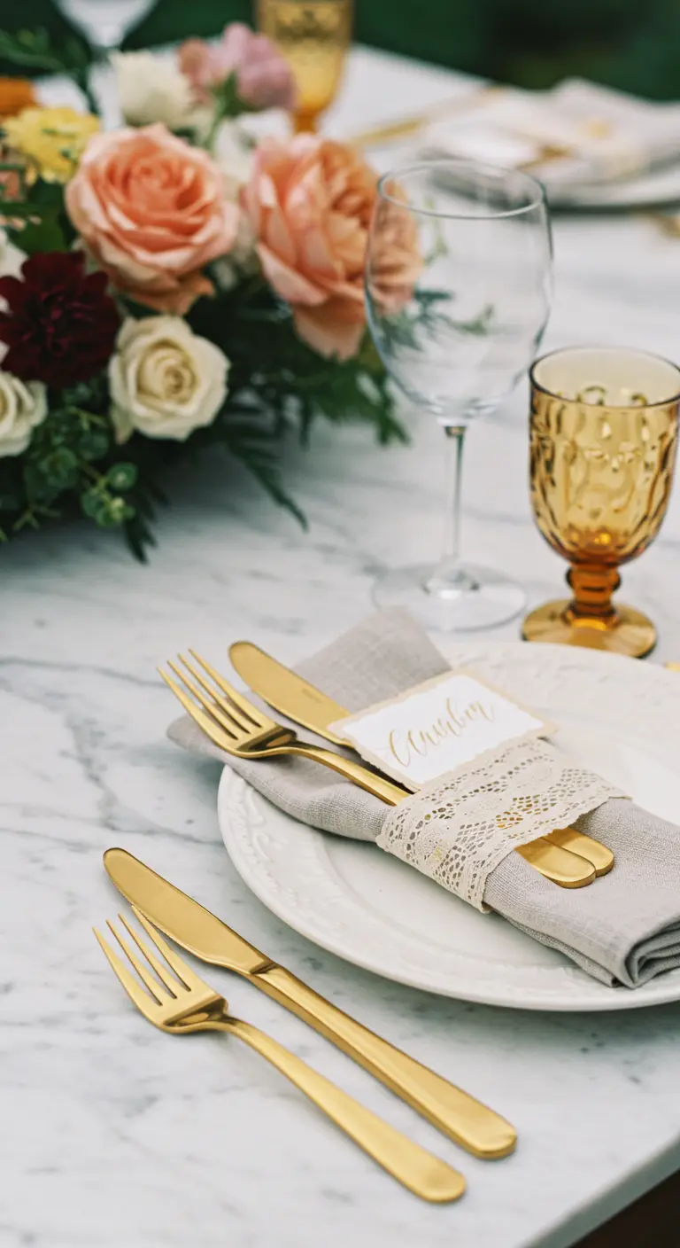 A place setting with gold cutlery, a linen napkin wrapped in a lace band, and a place card.