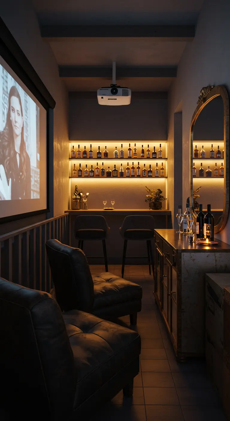 Narrow balcony bar set up as a home theater with a projector and gold mirror.