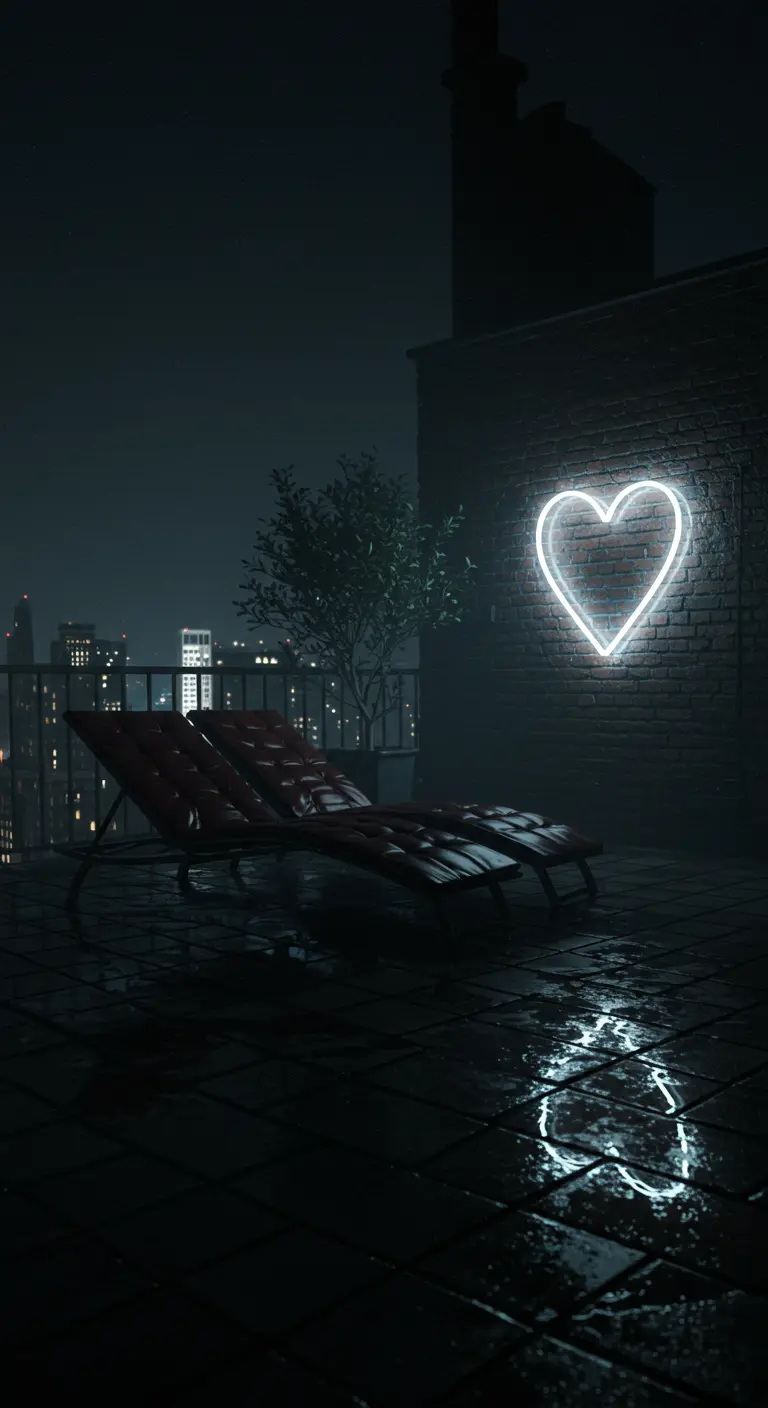 A white neon heart reflected on the wet surface of a dark, moody rooftop.