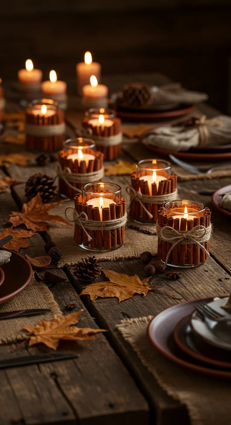 Glass votive candles wrapped in cinnamon sticks and tied with twine on a rustic wood table.