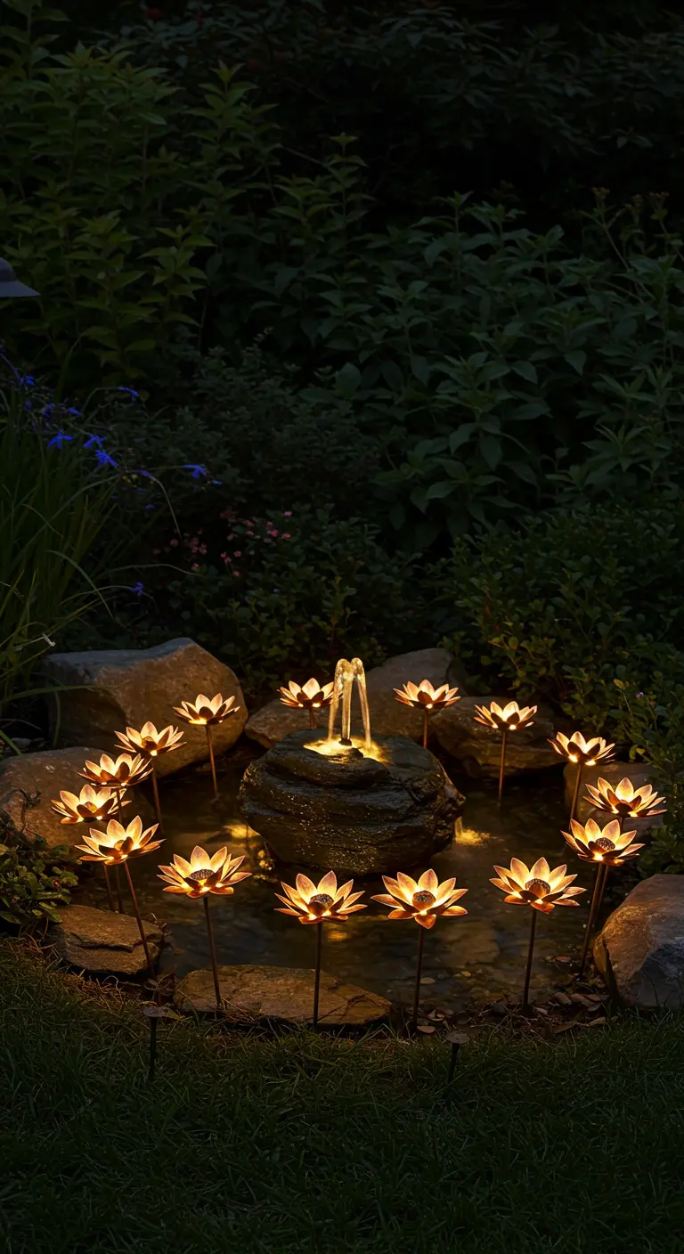 Warm solar-powered lotus lights surrounding a small water fountain in a garden at night.