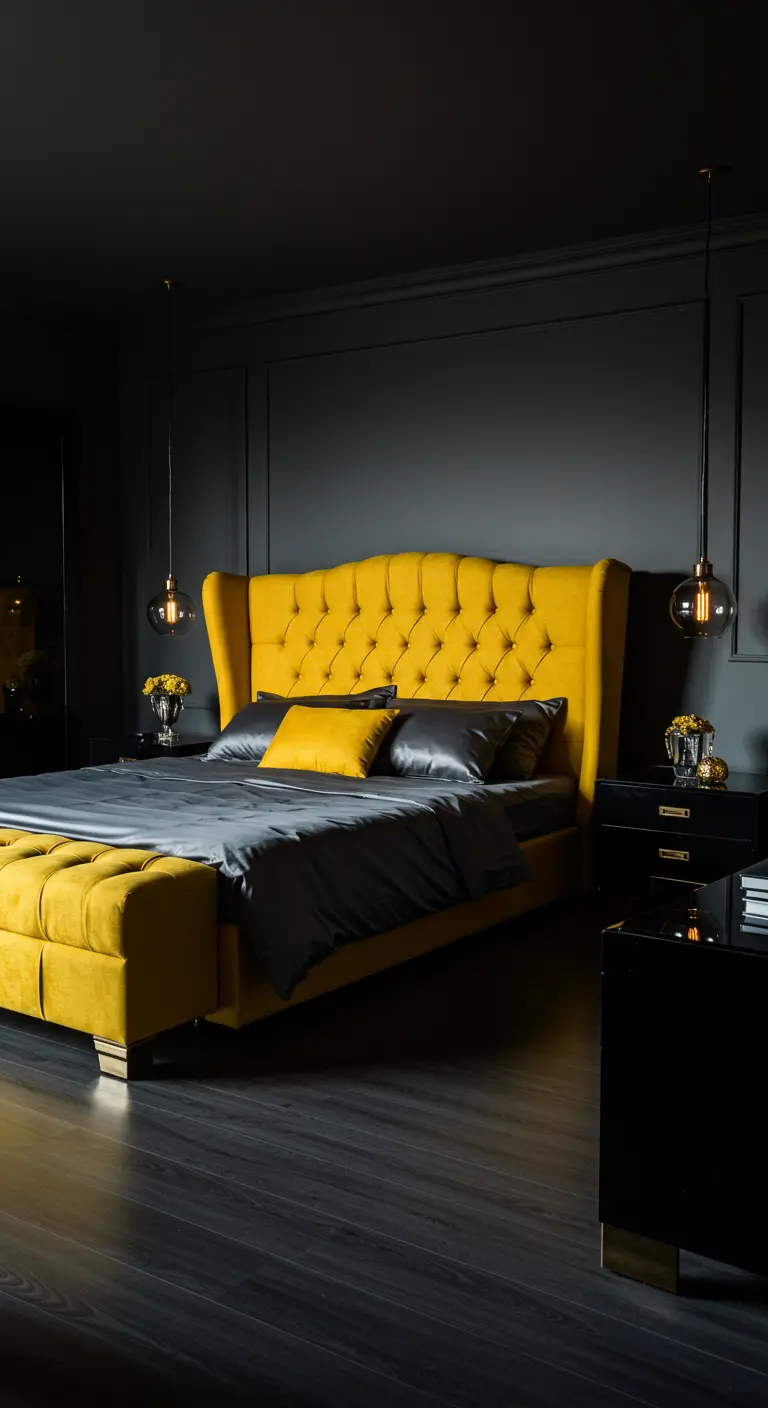 Moody gray bedroom with a striking yellow tufted wingback bed.