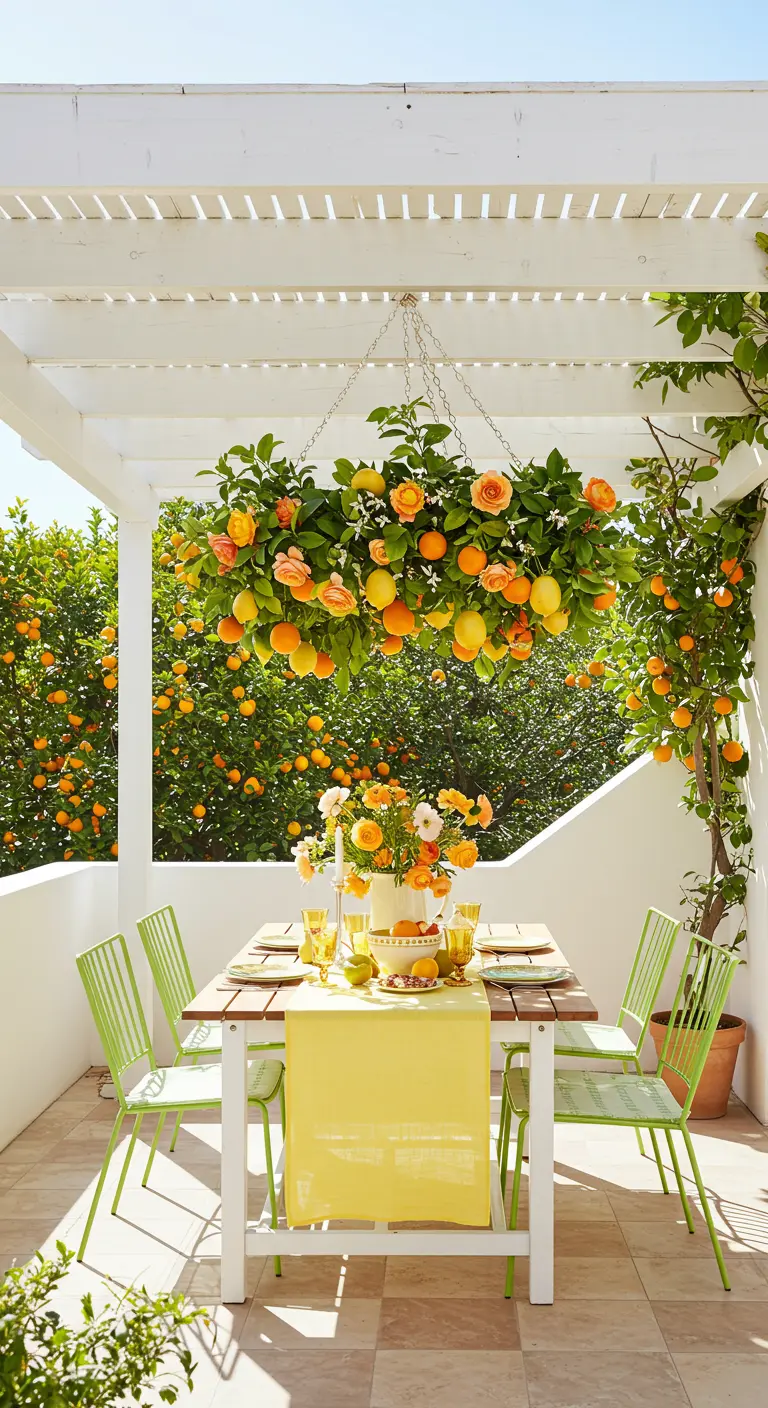 A white pergola with a lush chandelier made of lemon and orange branches over a dining table.