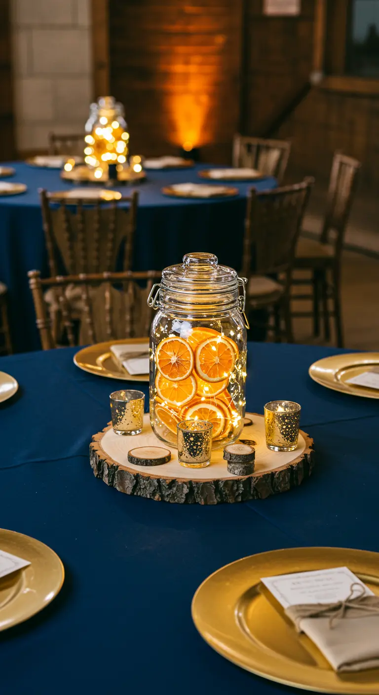 Large mason jar with dried orange slices and lights on a navy blue table.