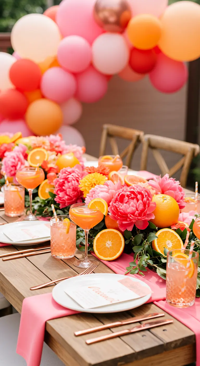 A bright tablescape featuring coral peonies, orange slices, and cocktails.