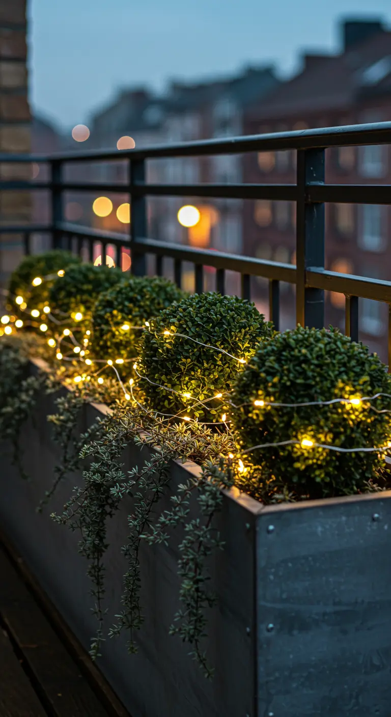 A long balcony planter with boxwood spheres wrapped in warm white fairy lights.