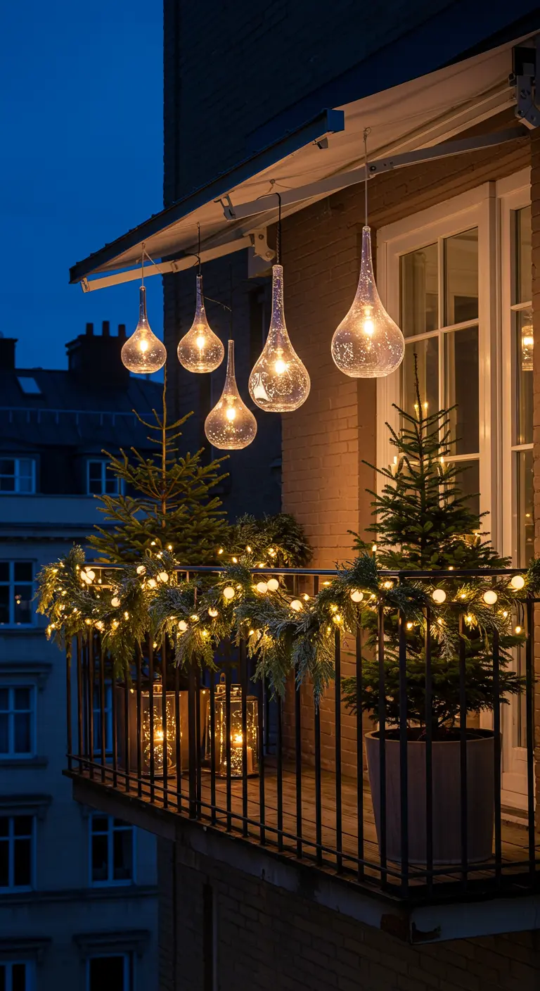 Small apartment balcony at night with large teardrop lights, potted evergreens, and a garland.