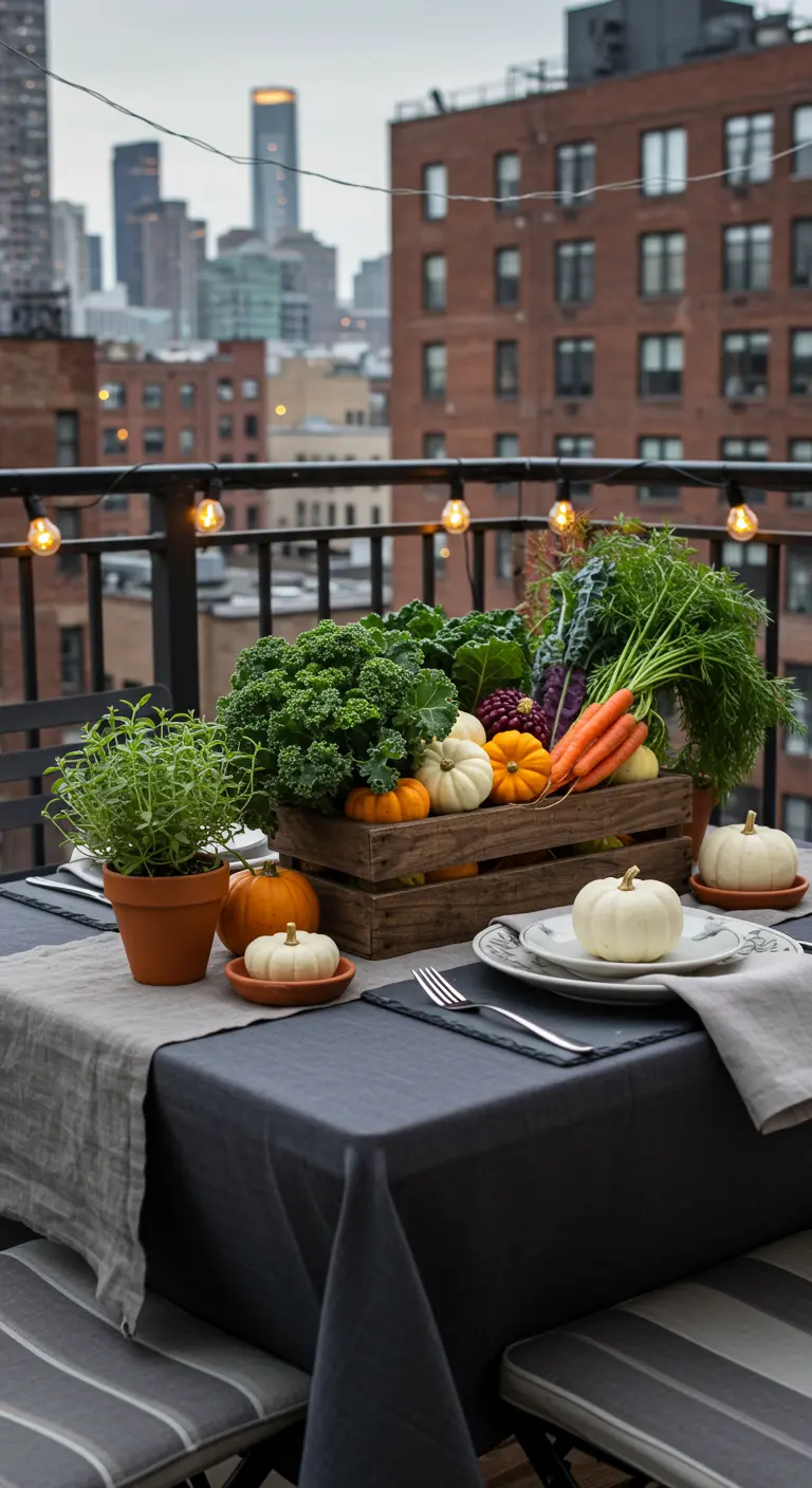 An urban rooftop table with a centerpiece made of fresh kale, carrots, and herbs in a wooden crate.