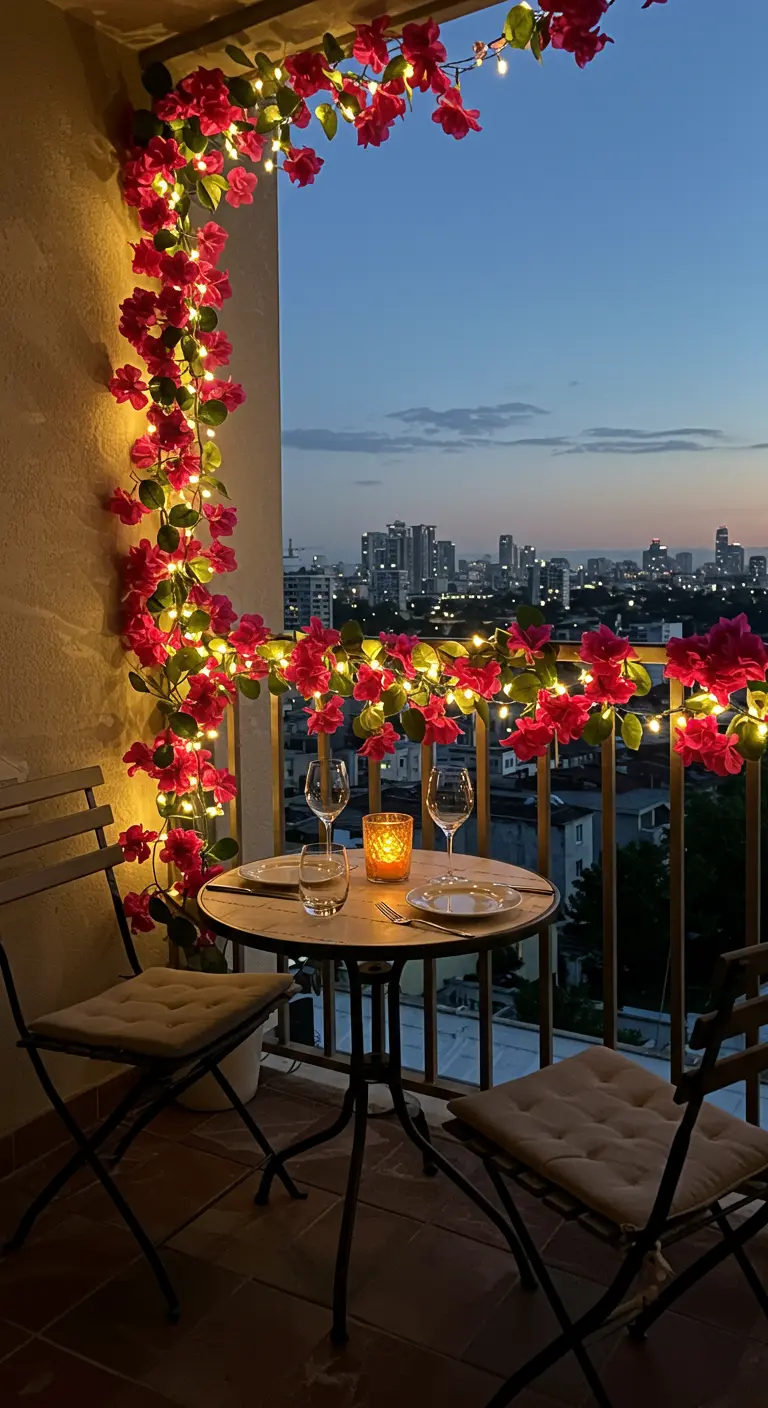 A balcony railing at dusk wrapped in a glowing garland of faux bougainvillea flowers and fairy lights.