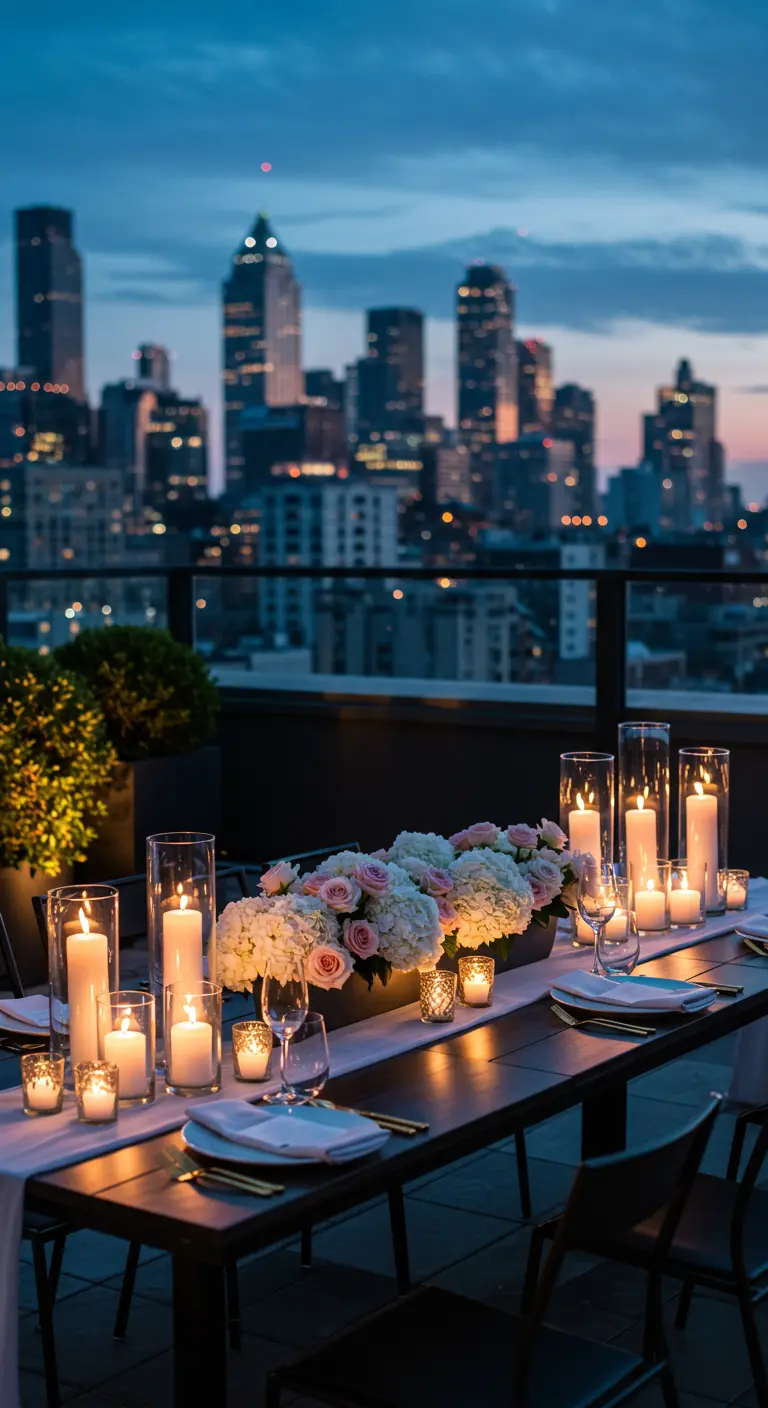 A rooftop dinner party with a long floral centerpiece, many candles, and a city skyline view.