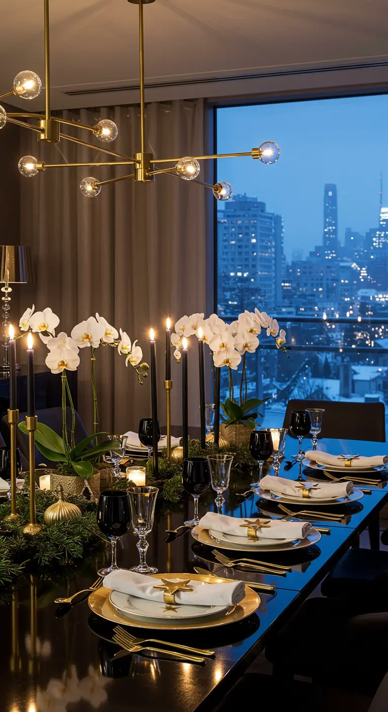 Elegant black and gold tablescape with white orchids overlooking a city skyline.