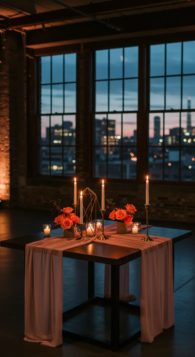Romantic table for two with coral roses and candles overlooking a city skyline at dusk.