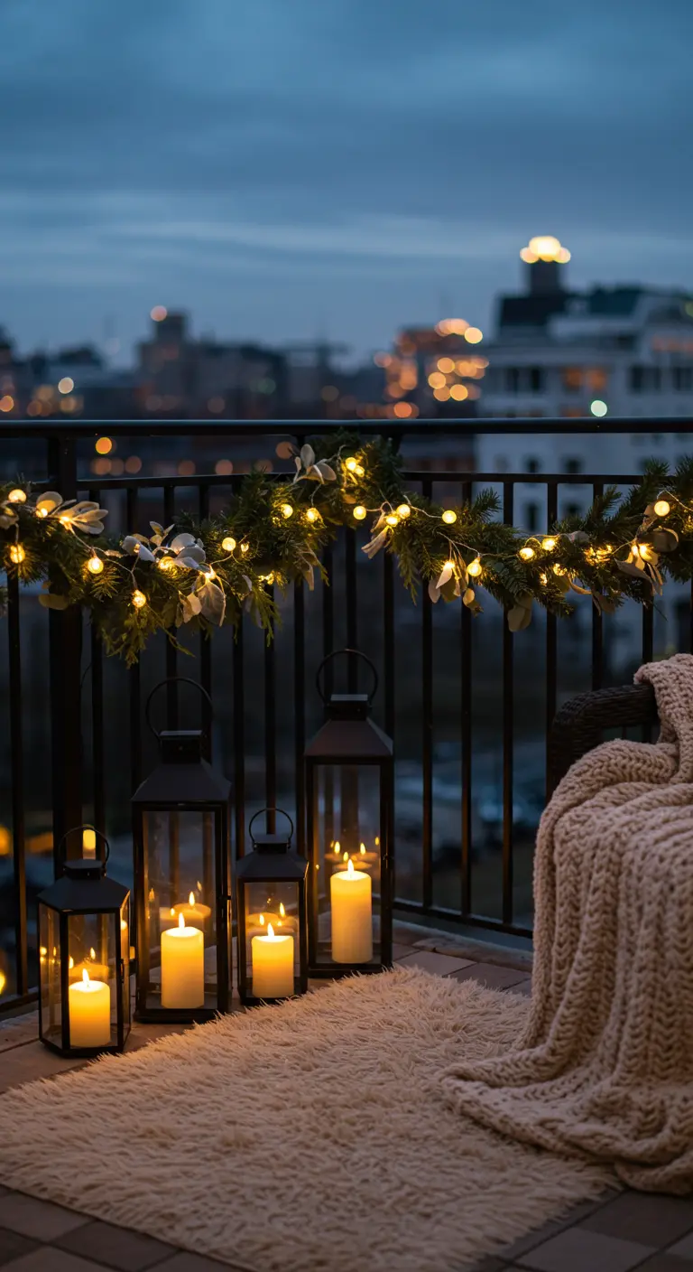 A cozy balcony corner at dusk with glowing lanterns, a knit throw, and an evergreen garland.