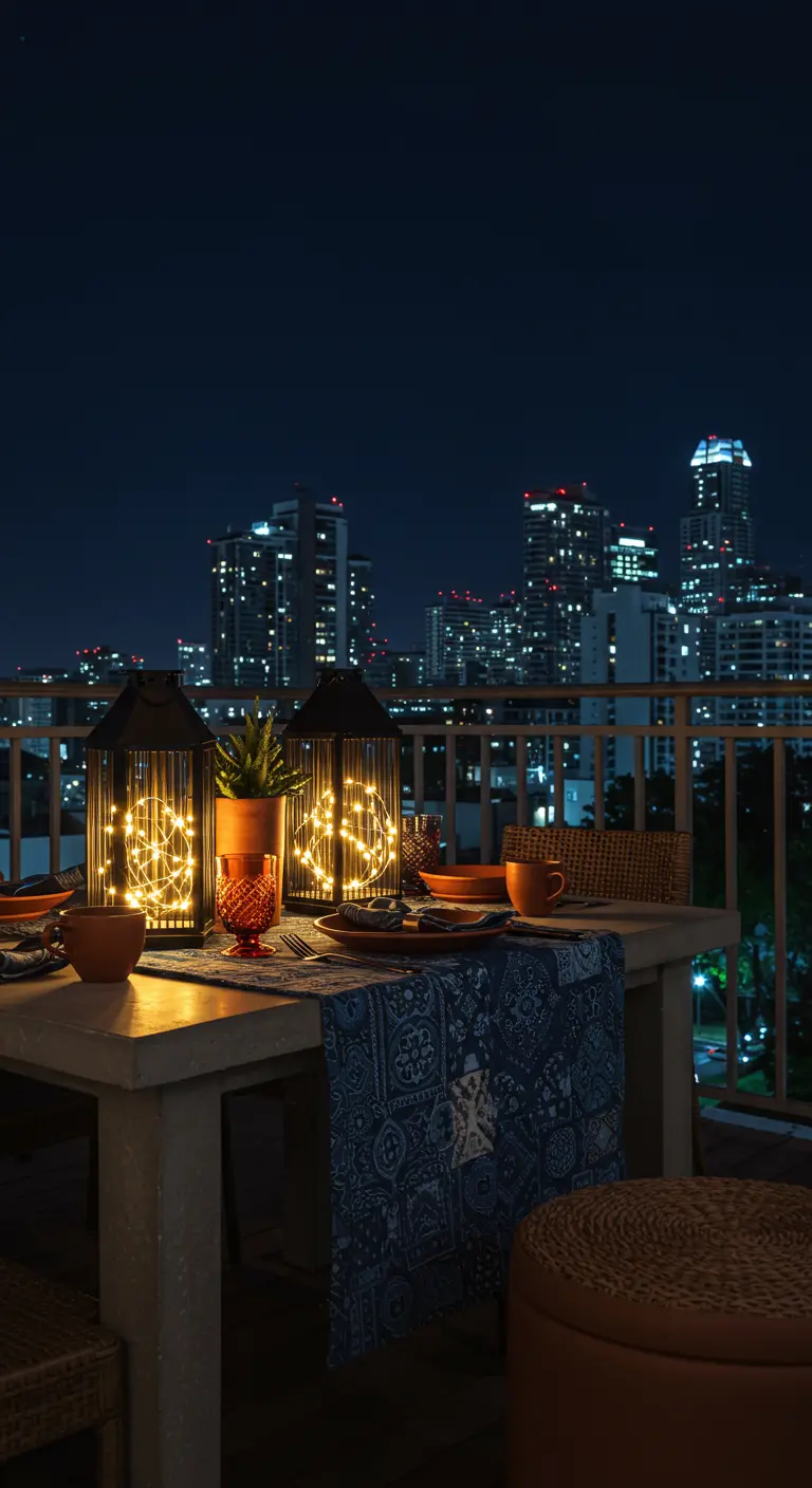 Balcony table with lanterns filled with fairy lights against a city skyline.