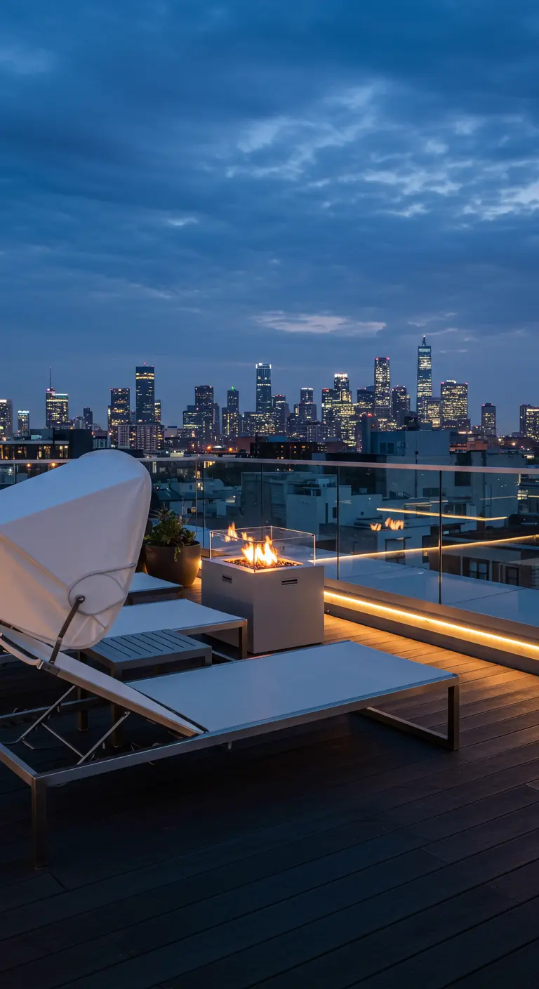 Rooftop deck with sunbeds, a fire pit, and a glowing city skyline at night.