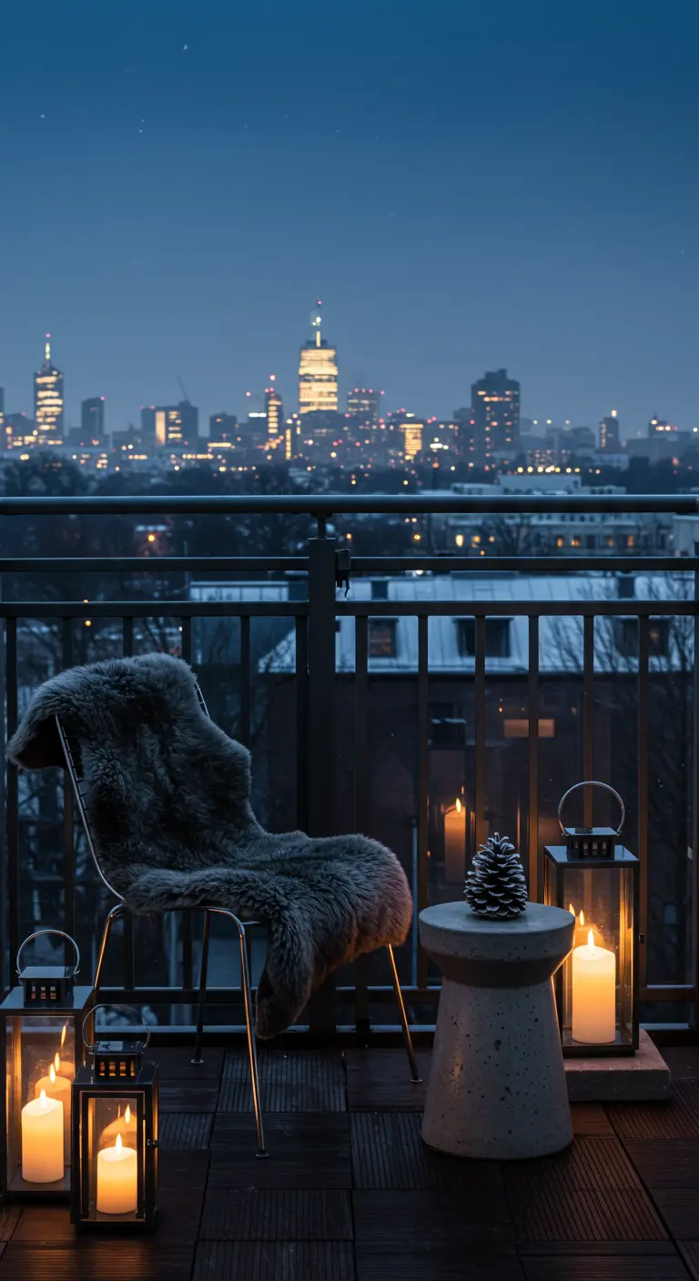 Urban balcony with a city view, a modern chair, and a concrete side table with a pinecone.