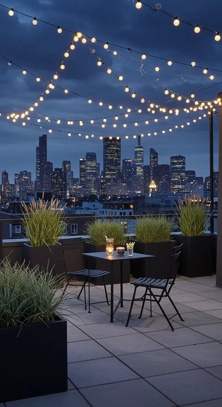 A modern rooftop patio with a bistro set, large planters, and a city skyline at night.