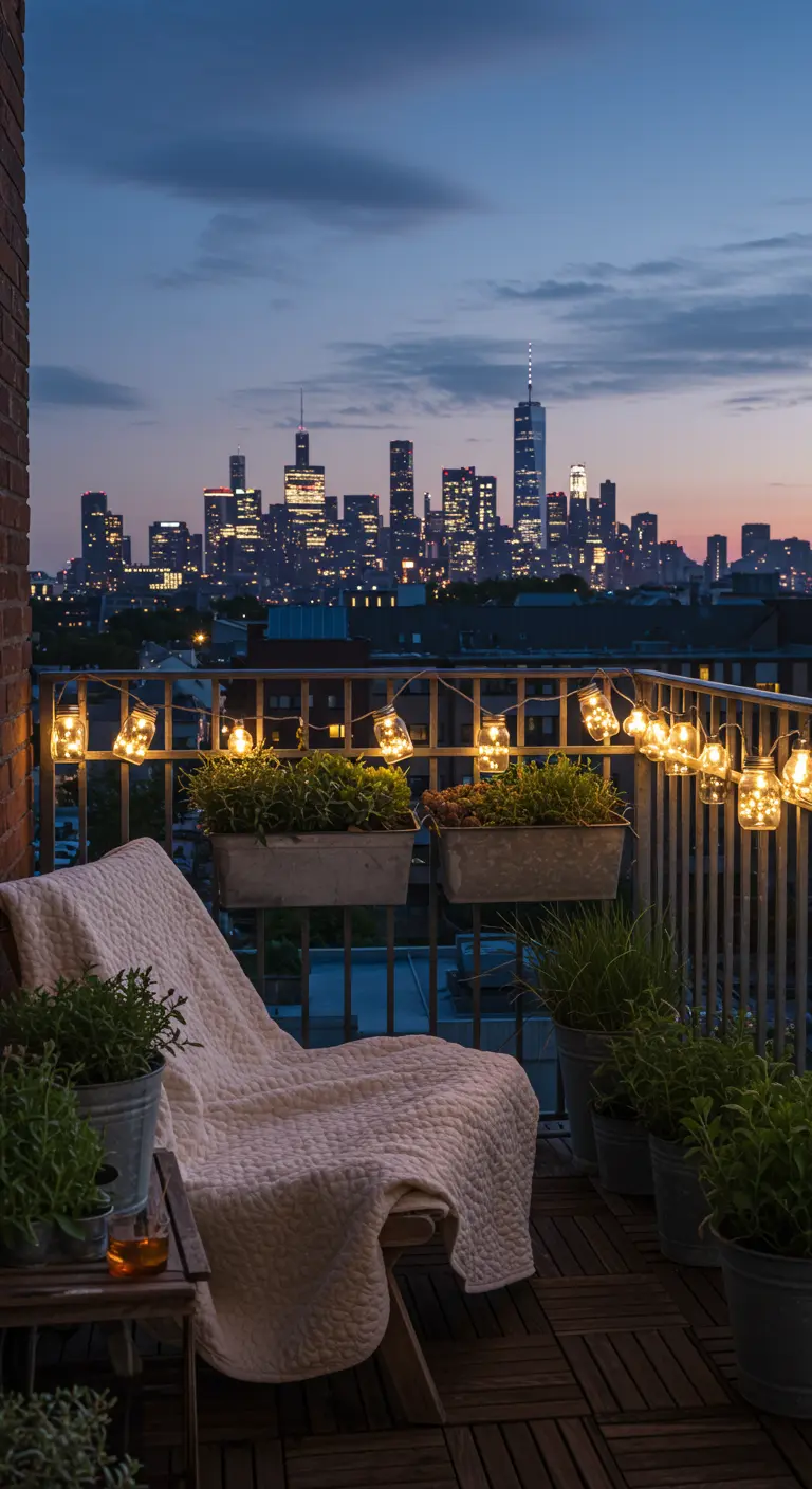 Urban balcony at dusk with a lounge chair, white quilt, and herb planters overlooking a city.