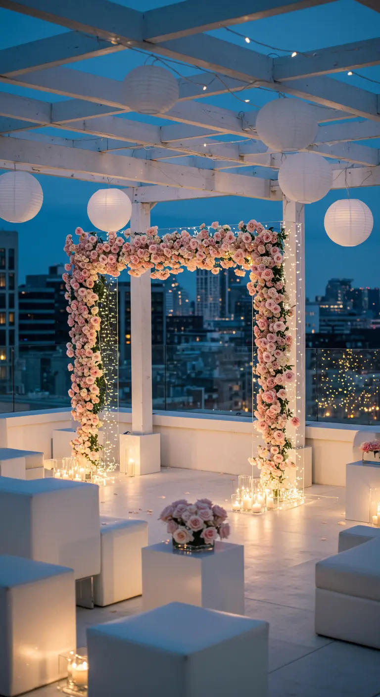 A wedding arch of pink roses on a rooftop, framed by fairy lights against a city skyline.