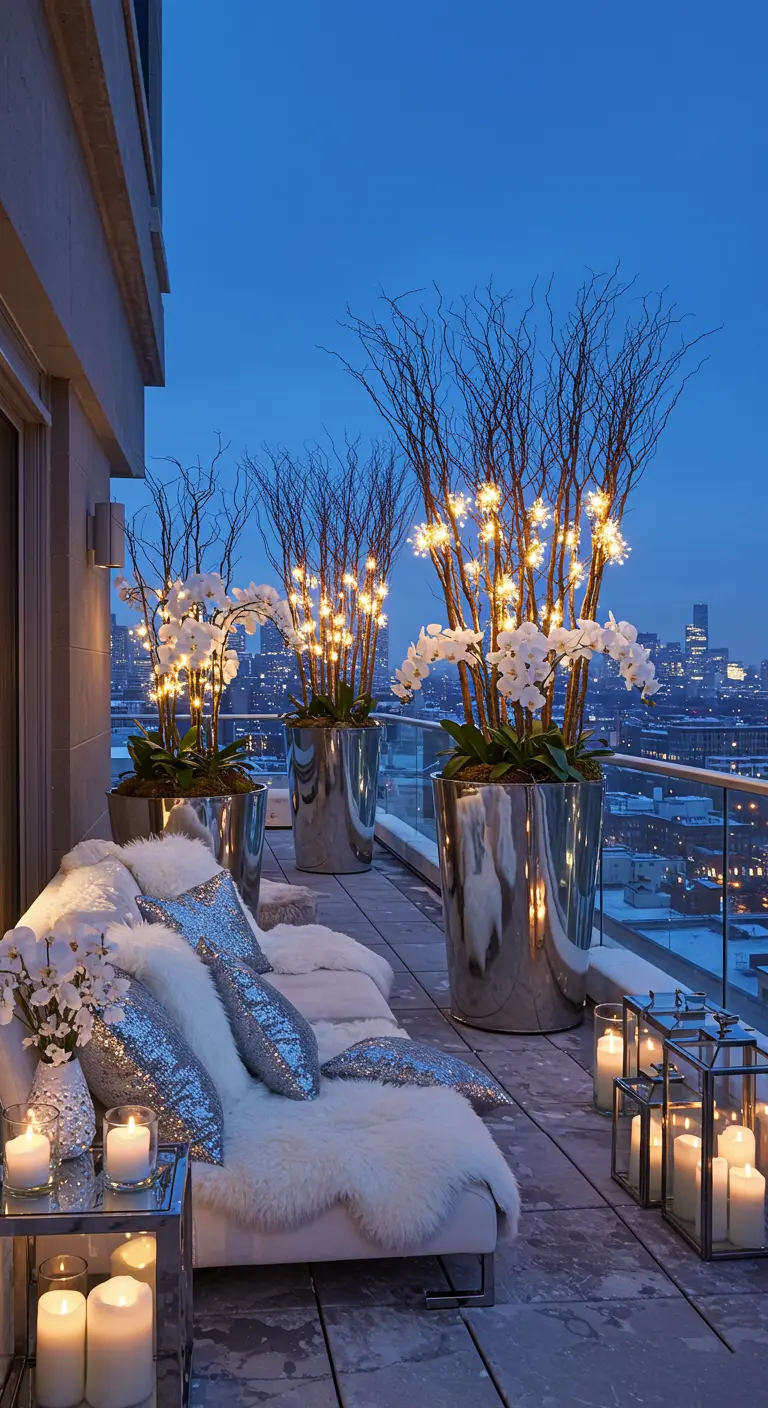 Rooftop balcony at dusk with silver pillows, white fur, and lighted branches in chrome planters.