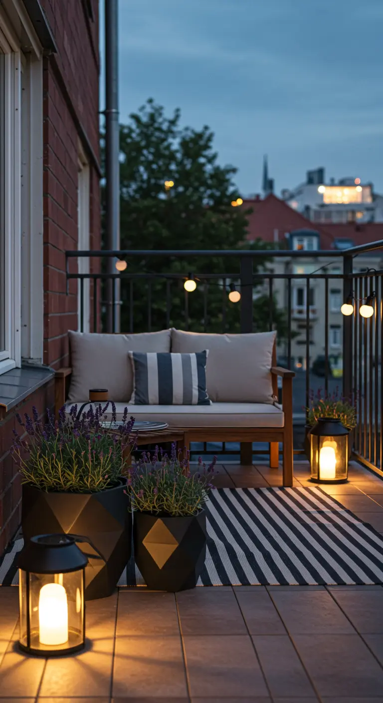 A cozy urban balcony at dusk with a loveseat, string lights, and potted lavender in geometric planters.