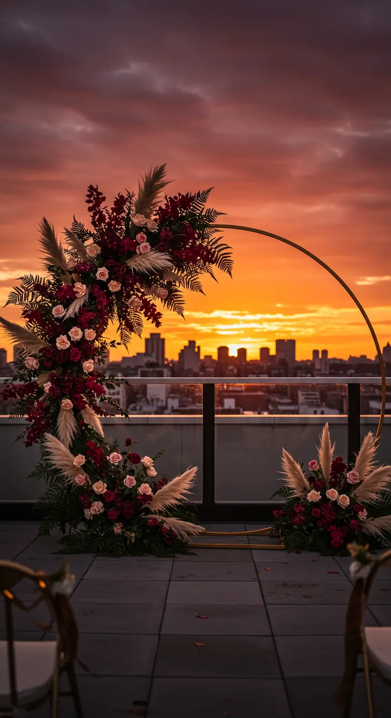 A circular gold wedding arch on a rooftop with a city skyline at sunset.
