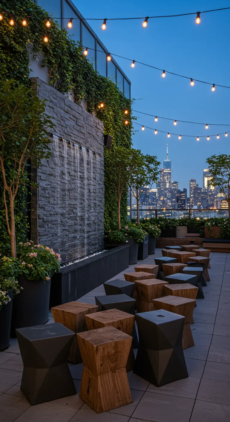 Modern geometric wooden stools arranged before a tall slate waterfall wall on a city rooftop at dusk.