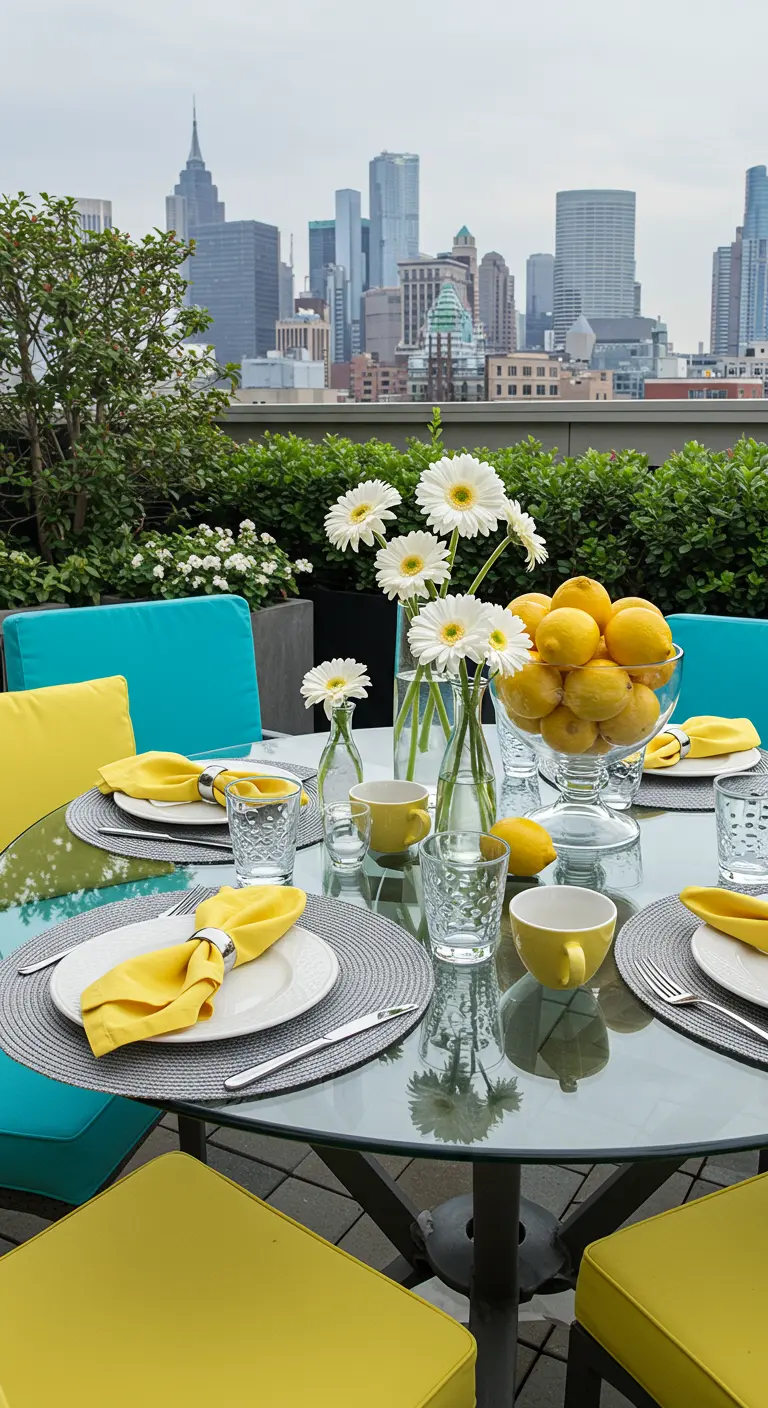 A rooftop dining table with turquoise chairs, yellow cushions, and lemon-and-daisy decor.