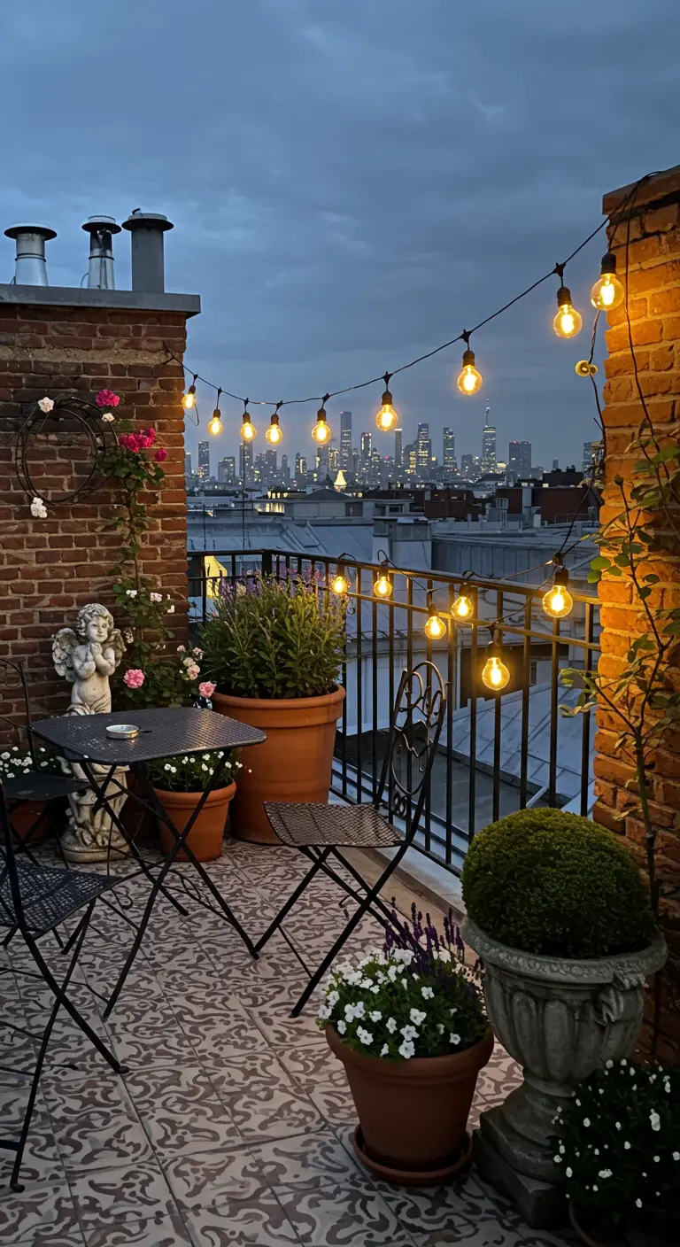 A romantic rooftop terrace at dusk with string lights, an angel statue, and city views.