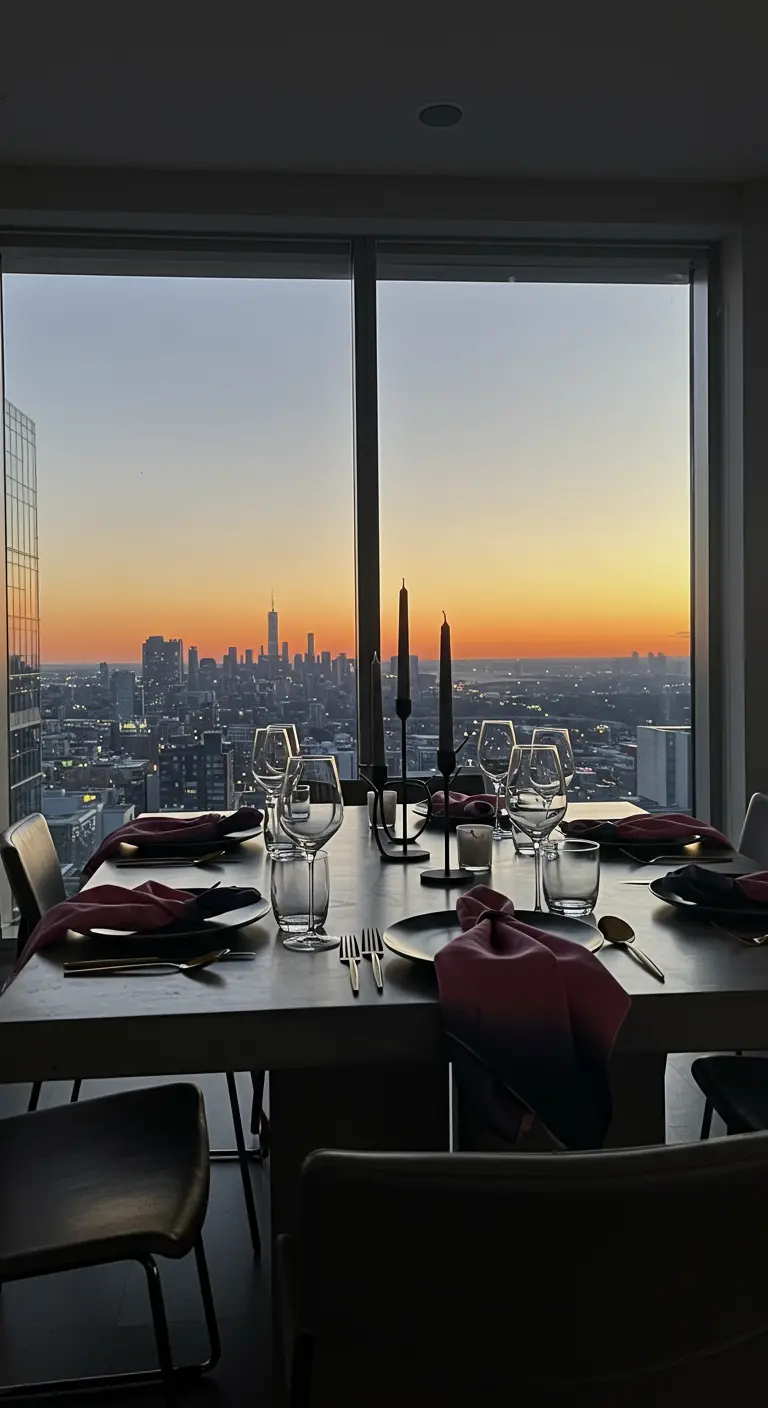 Minimalist dining table with black candles overlooking a city at sunset.