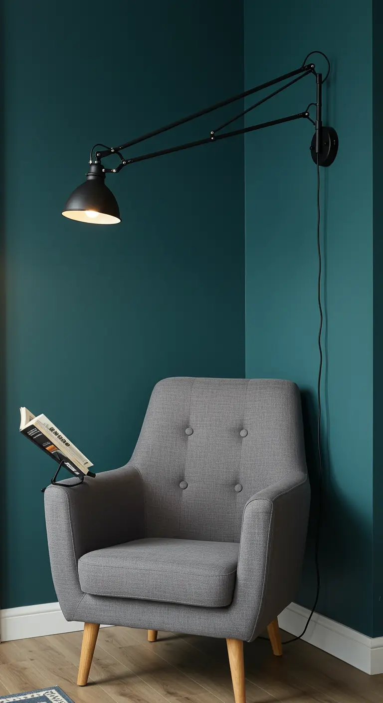 A dark teal reading corner with a grey armchair and a black adjustable swing-arm wall sconce.