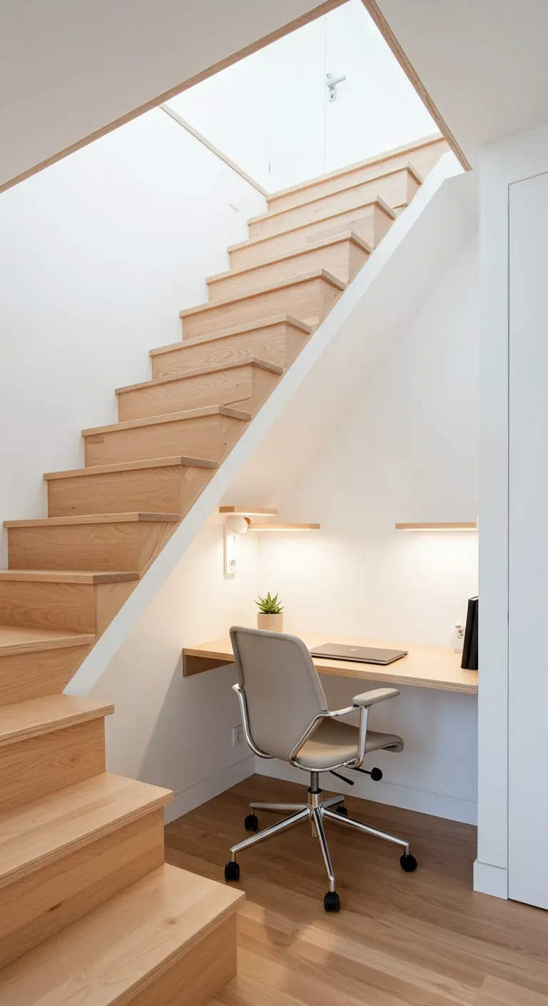 A home office nook with a light wood desk and chair tucked neatly under a wooden staircase.