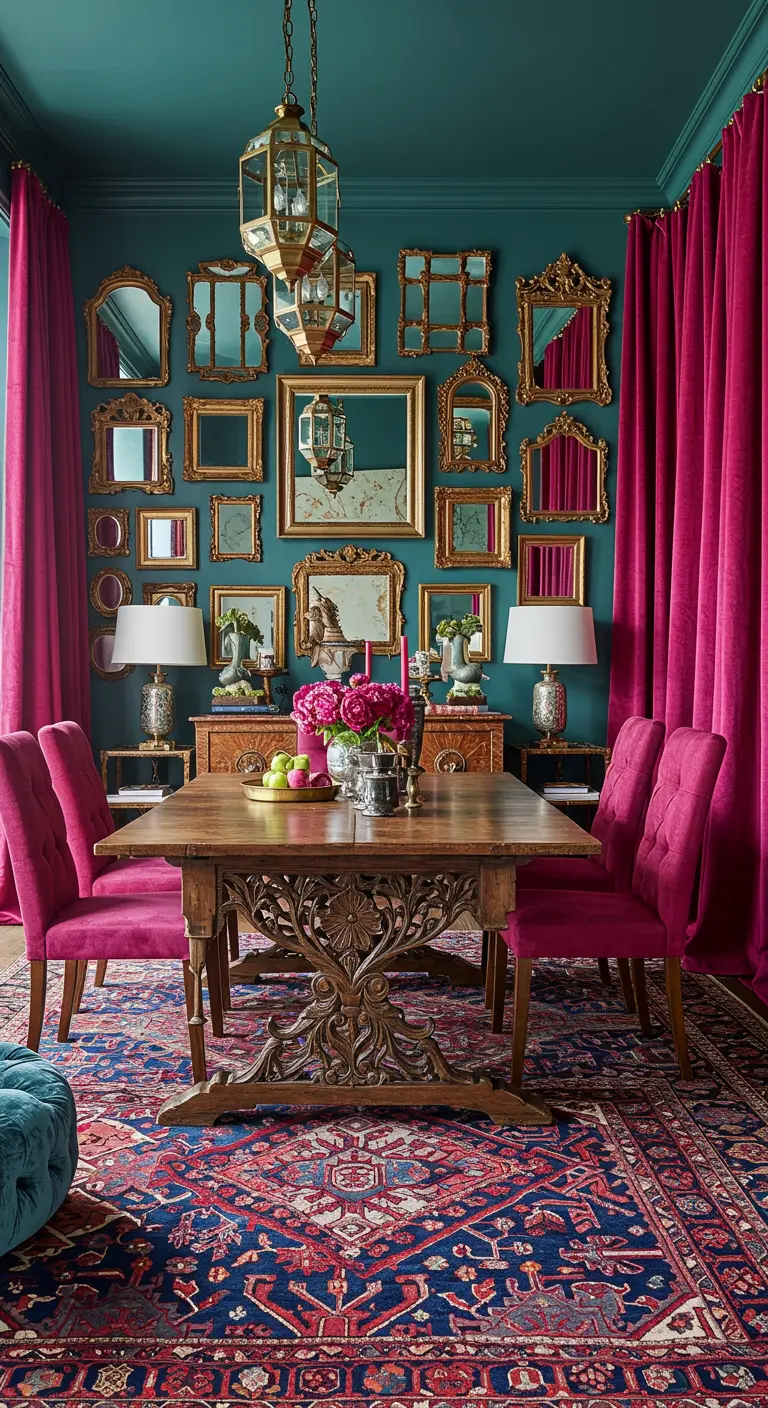 Teal dining room with magenta velvet chairs and a gallery wall of gold mirrors.