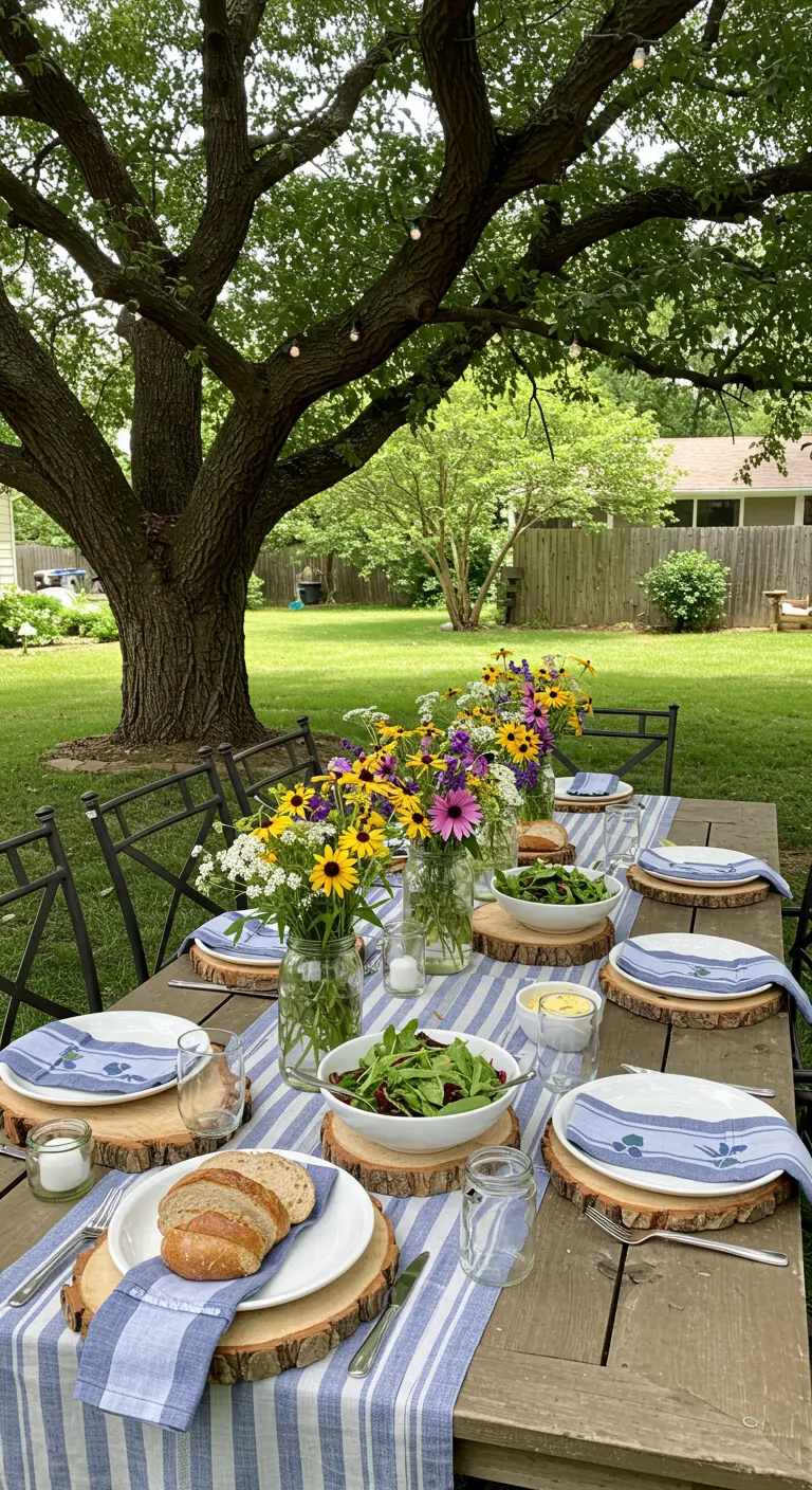 A backyard table with a blue and white striped runner and jars of yellow wildflowers.