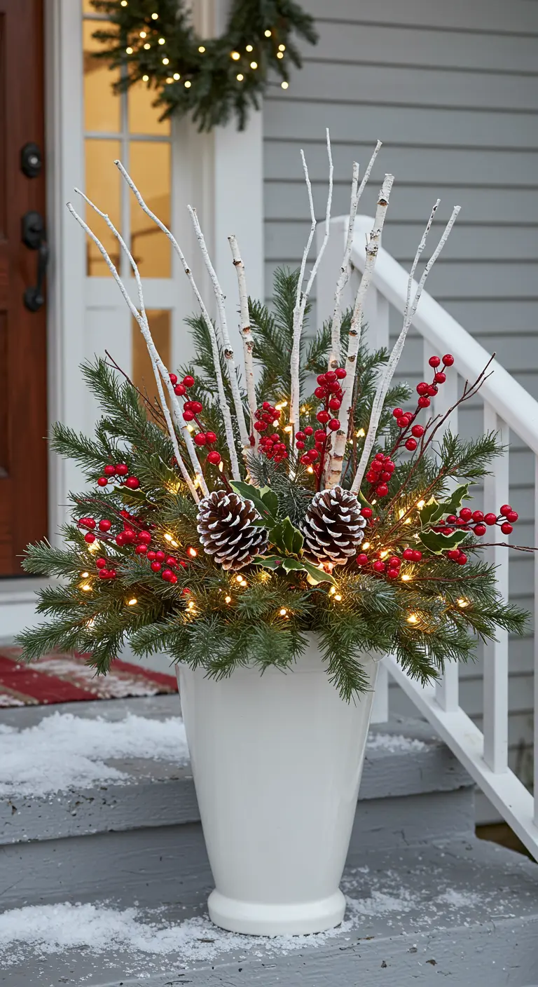 A white planter with white birch branches, red berries, and fir.