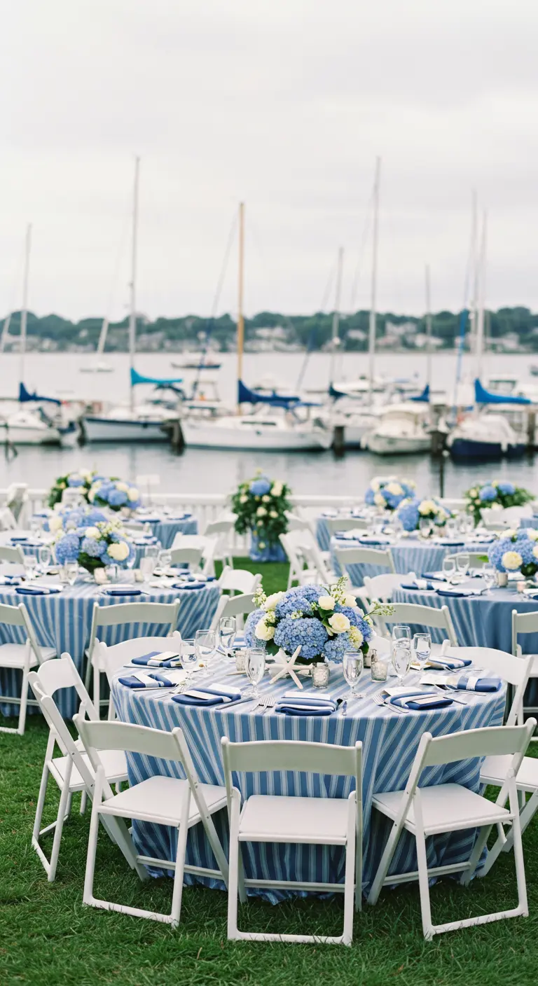 Blue and white striped tablecloth with a centerpiece of blue hydrangeas and white roses.