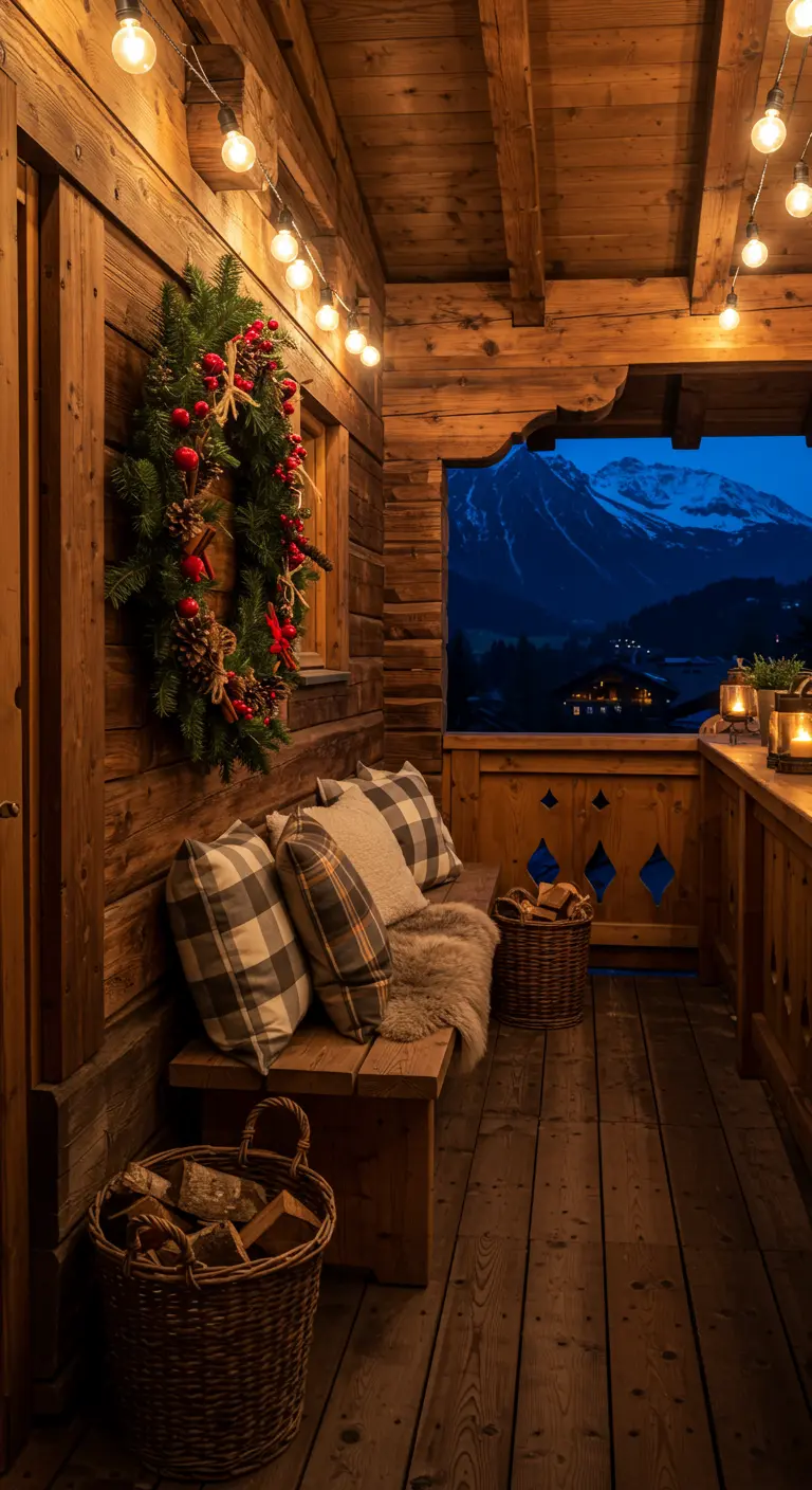 A rustic wooden balcony bench with plaid pillows, baskets, and a festive wreath on the wall.